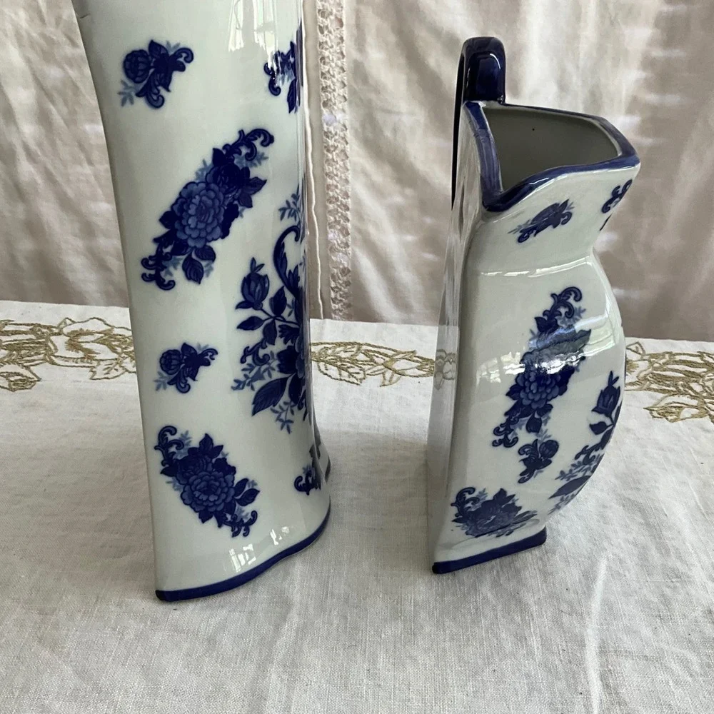 Blue White Floral Chinoiserie Wall Pocket Pitcher Ceramic Vases Cottagecore 2pc